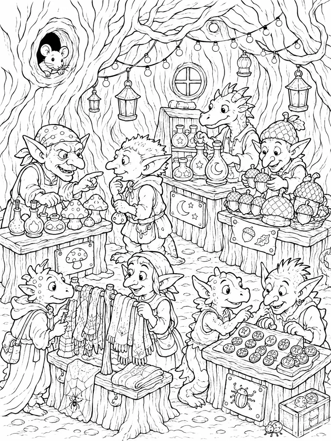Ausmalbild: Belebter Kobold-Marktplatz im Innern einer hohlen Eiche