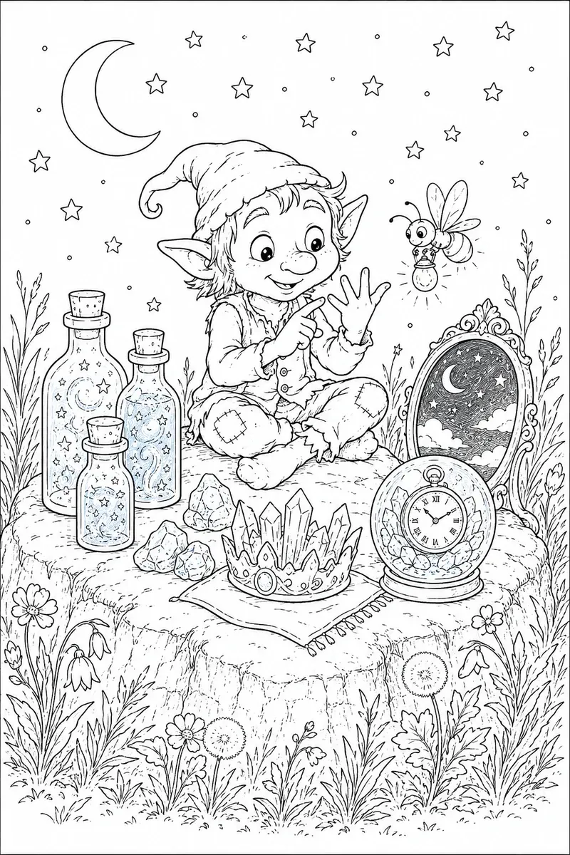 Coloring page: goblin on rock counting glowing moonlight treasures