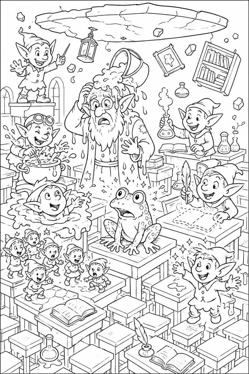 Ausmalbild: Chaotischer Kobold-Klassenzimmer voller Streiche und Zauberunfälle