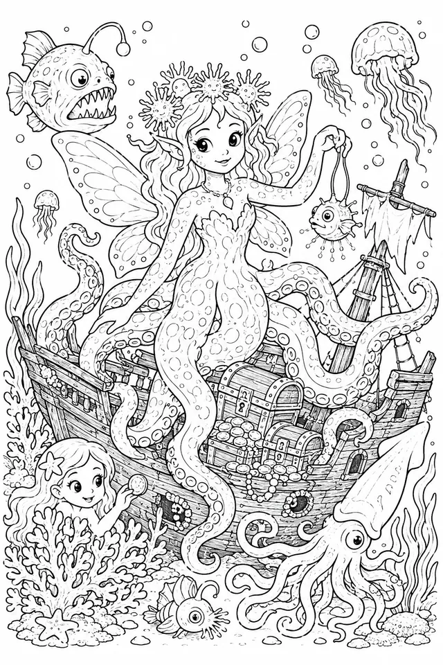 Kraken Fairy Guarding Sunken Treasure in the Deep Sea