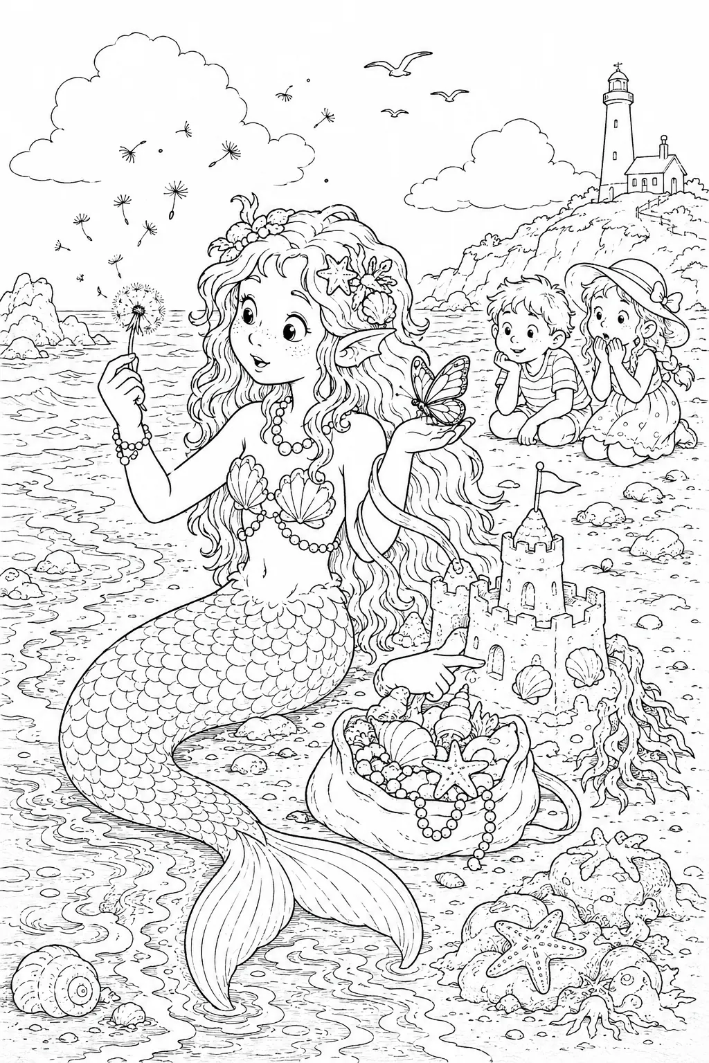 涂色页：坐在岸边惊奇地检视陆地物品的美人鱼