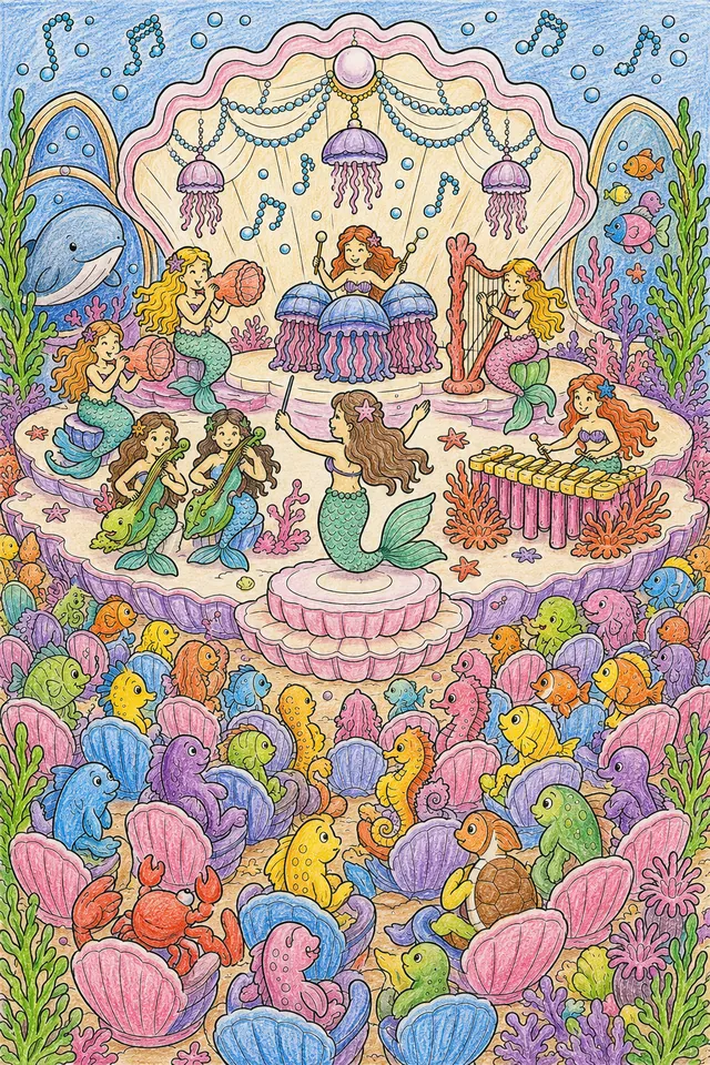 Ausmalbild: Meerjungfrauen-Orchester spielt Konzert im Muschelpalast