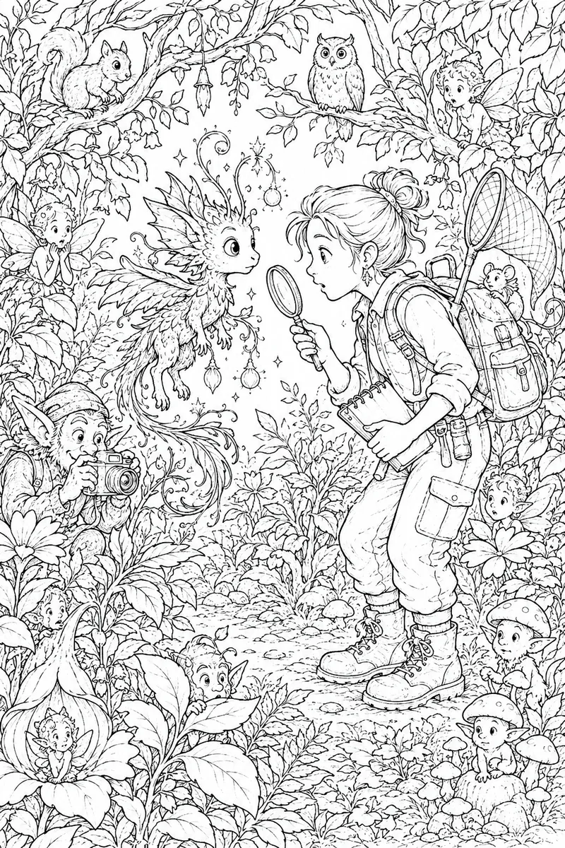 涂色页：研究者和未知神话生物在巨大惊奇中相遇