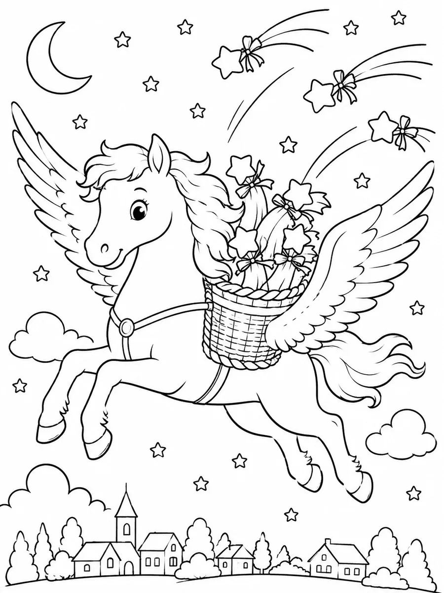 Ausmalbild: Pegasus fliegt durch Nacht und trägt Sternschnuppen-Pakete