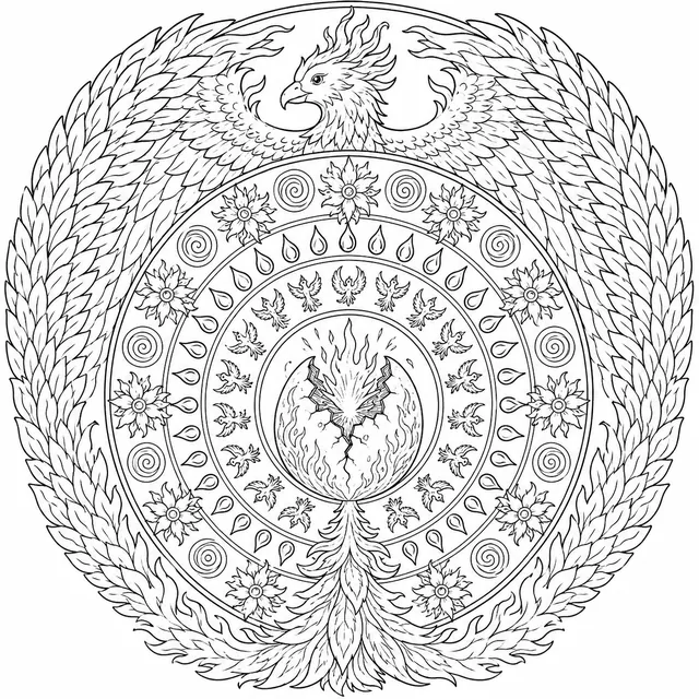 Phoenix Mandala of Fire Flowers and Ash Spirals