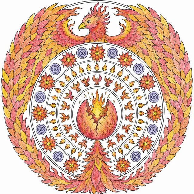 Phönix-Mandala aus Feuerblumen und Aschespiralen – So könnte es aussehen