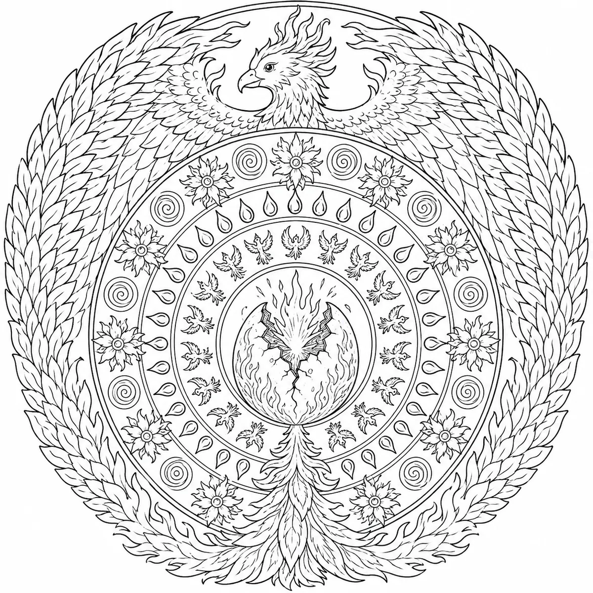 Ausmalbild: Symmetrisches Phönix-Mandala mit Feuerblumen und Aschespiralen