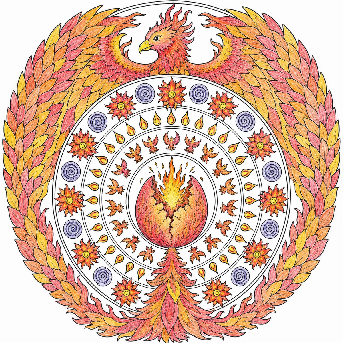 Phönix-Mandala aus Feuerblumen und Aschespiralen