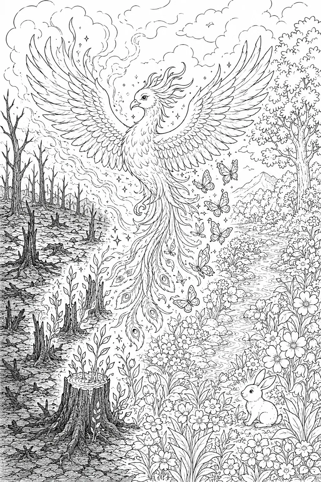 Ausmalbild: Phönix heilt gespaltene Landschaft — links verbrannt, rechts blühend