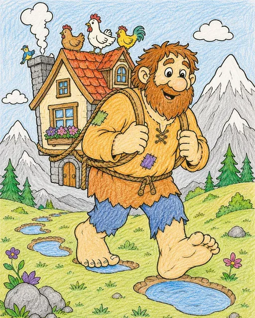友善的巨人背上背着一栋小屋 – 涂色效果预览
