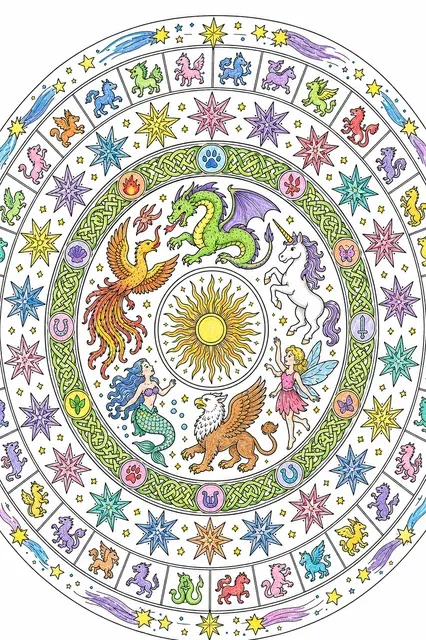 涂色页：S03终章有六只神话生物和凯尔特结纹的宇宙曼陀罗