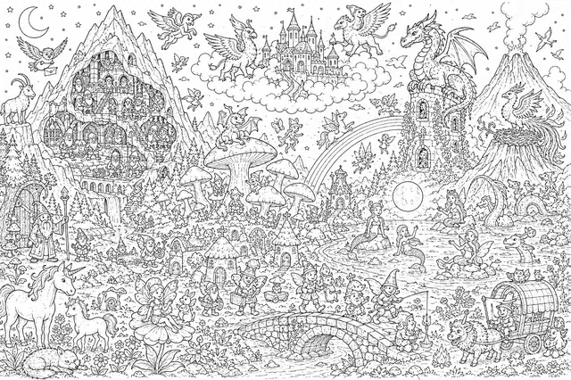 S03 Panorama Wimmelbild: All Mythical Creatures in One Fantasy Landscape