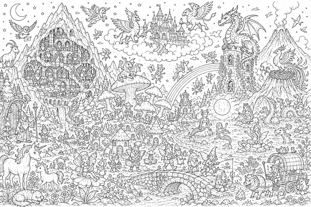 Coloring page: giant panorama wimmelbild with 30 mythical creatures in fantasy landscape