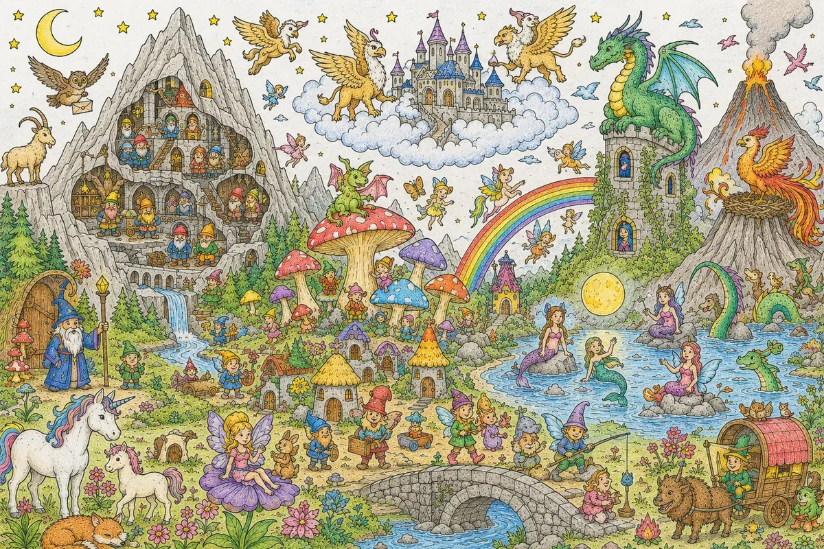 S03 Panorama Wimmelbild: All Mythical Creatures in One Fantasy Landscape