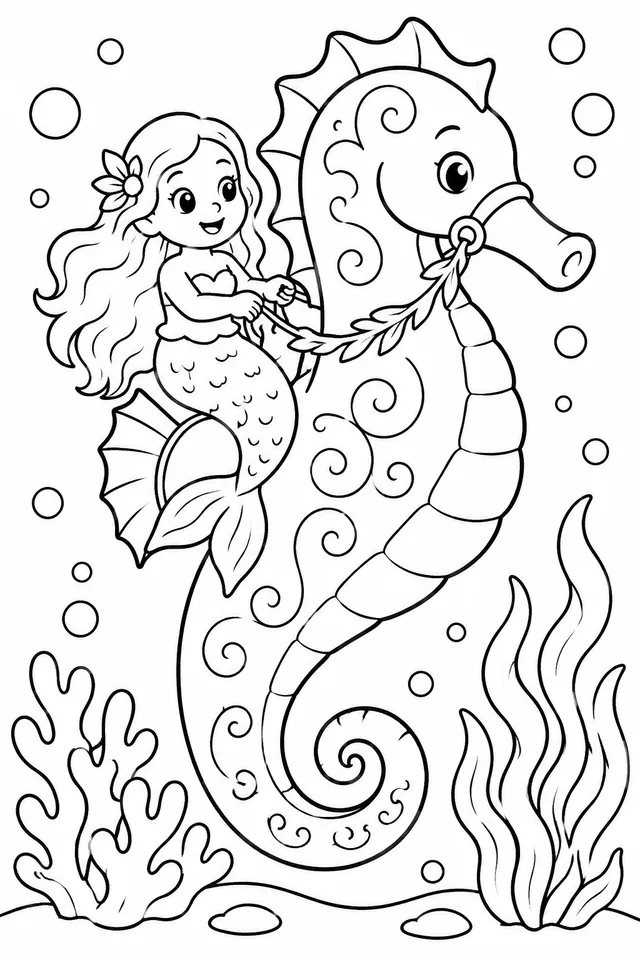 La pequeña ninfa acuática montando un gigante caballito de mar dorado