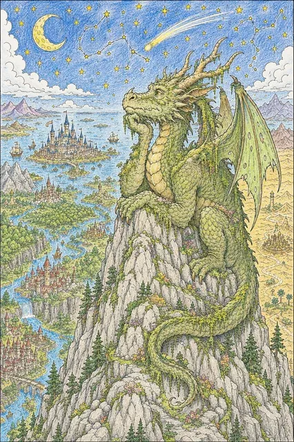 Ausmalbild: Majestätischer uralter Drache denkt auf Weltengipfel nach