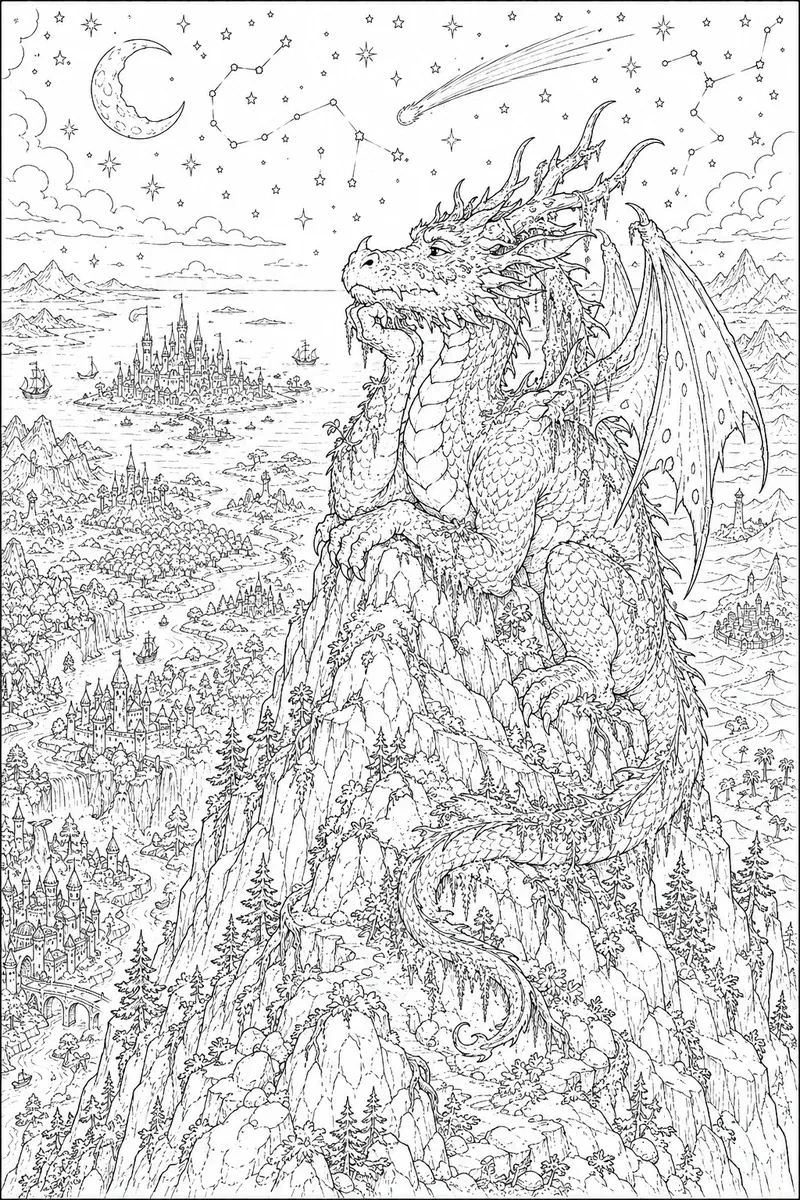 Ausmalbild: Majestätischer uralter Drache denkt auf Weltengipfel nach