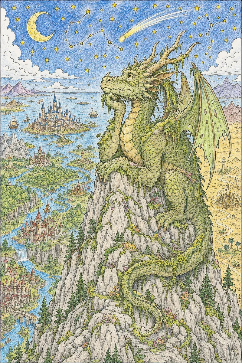 Uralter weiser Drache sitzt auf dem Weltenberg und denkt nach