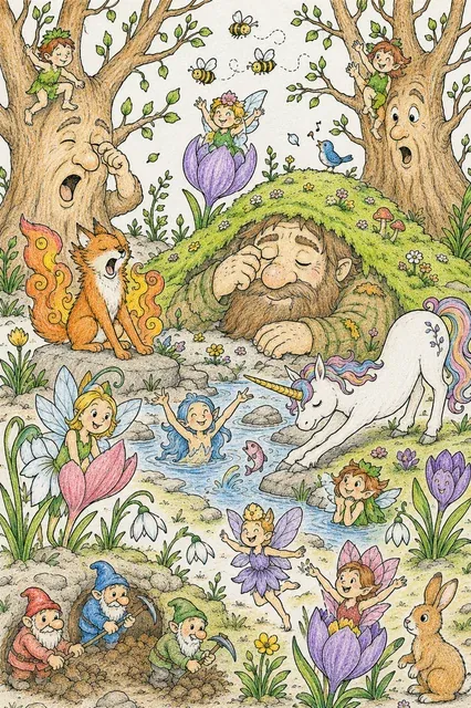 Ausmalbild: Belebter Wald voller magischer Wesen die im Frühling erwachen