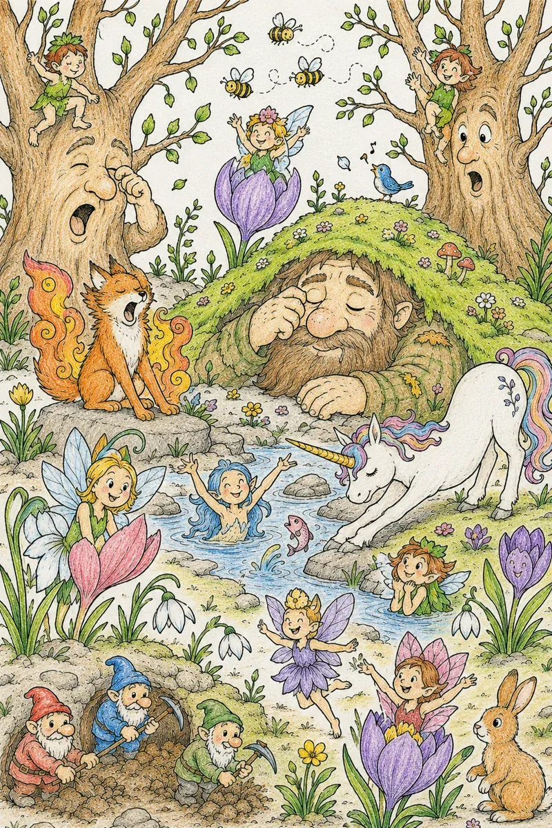 Verzauberter Wald erwacht im Frühling — Wimmelbild