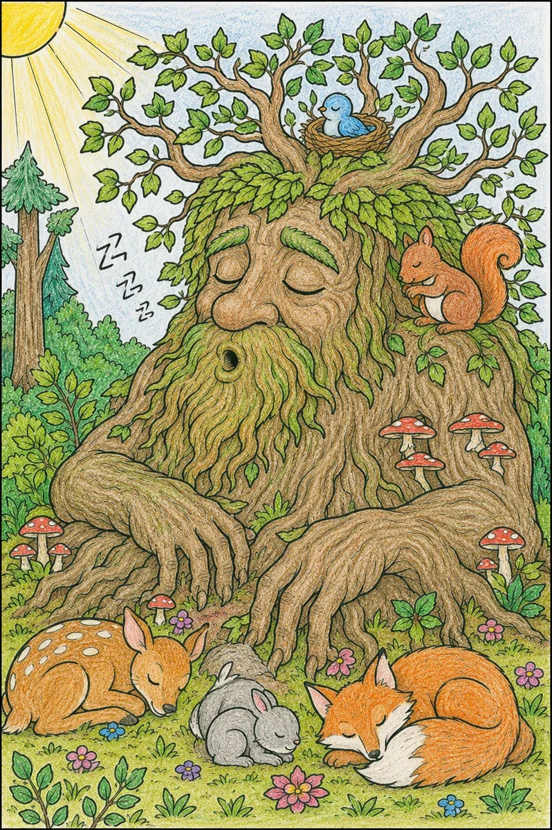 Waldgeist schläft getarnt als alter knorriger Baum