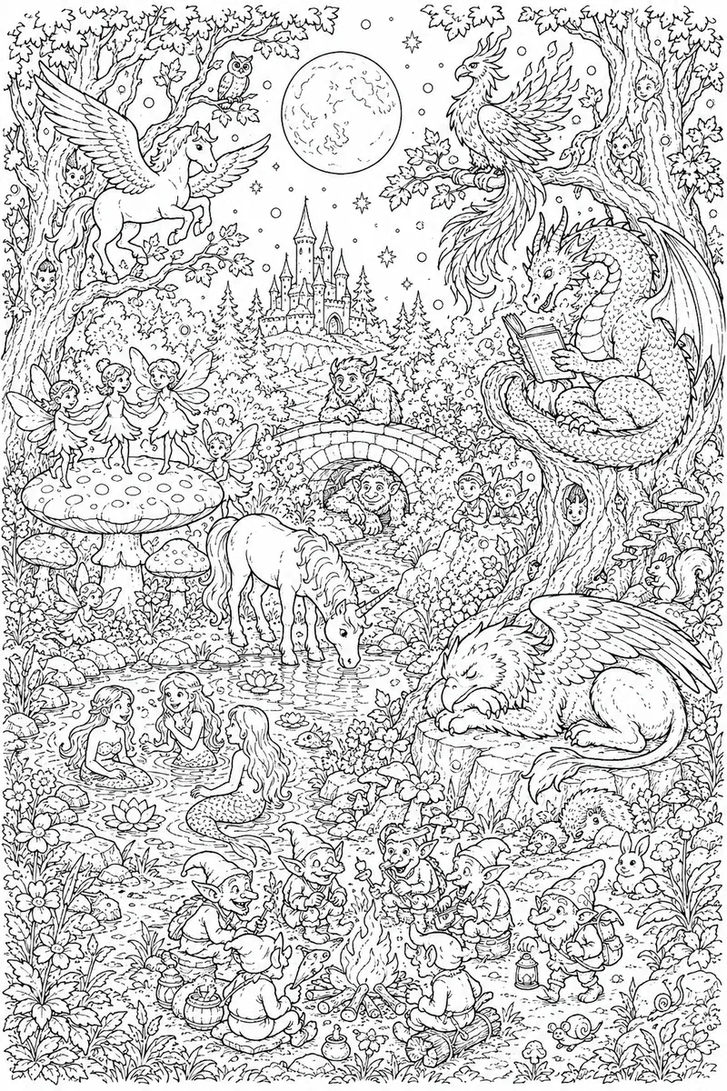涂色页：有15种不同神奇生物的月亮森林寻找图