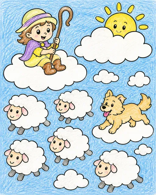Ausmalbild: Wolkenhirte auf Wolke treibt Herde von Schäfchenwolken
