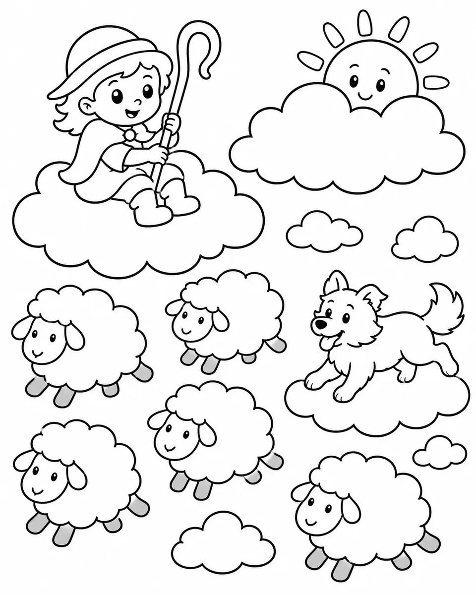 Ausmalbild: Wolkenhirte auf Wolke treibt Herde von Schäfchenwolken