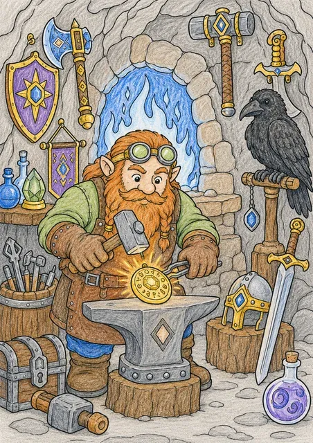 Zwerg schmiedet ein glühendes magisches Amulett in der Bergschmiede – So könnte es aussehen
