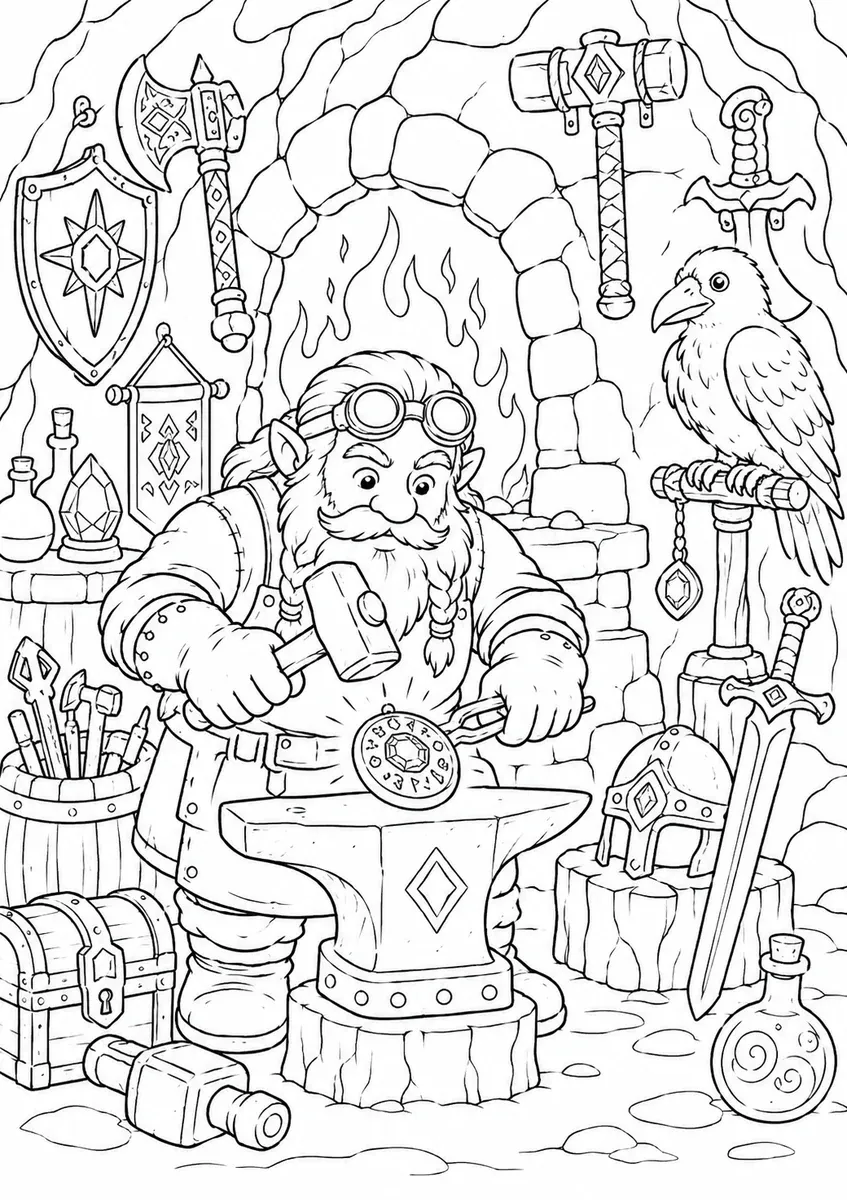 Ausmalbild: Zwerg schmiedet glühendes Amulett am Bergschmiedeamboss