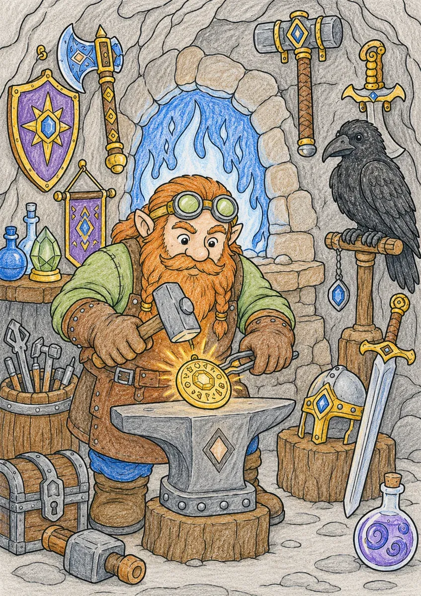 Zwerg schmiedet ein glühendes magisches Amulett in der Bergschmiede