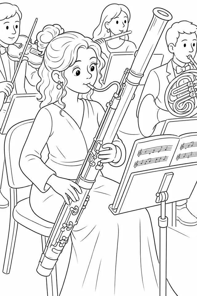 Fagottistin spielt Fagott im Orchester