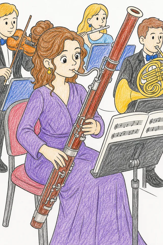Ausmalbild: Fagottistin hält langes Fagott aufrecht und spielt im Orchestergraben
