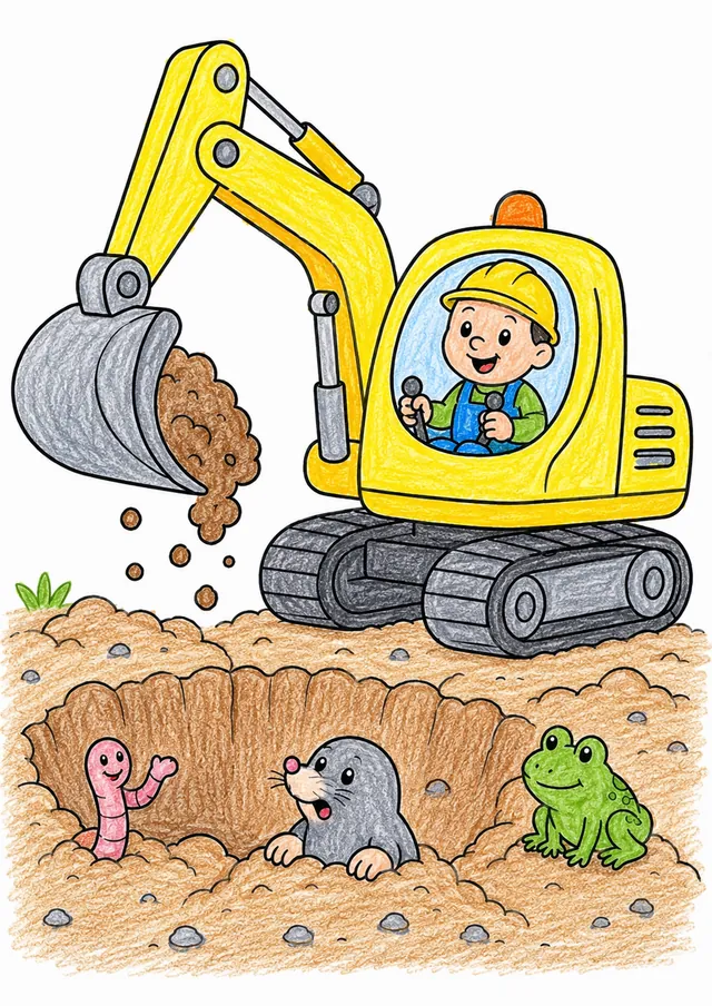 Ausmalbild eines gelben Baggers der auf einer Baustelle ein Loch gräbt