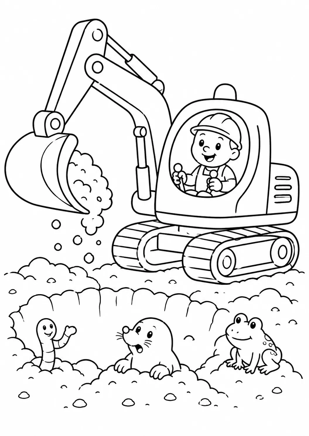 Ausmalbild eines gelben Baggers der auf einer Baustelle ein Loch gräbt