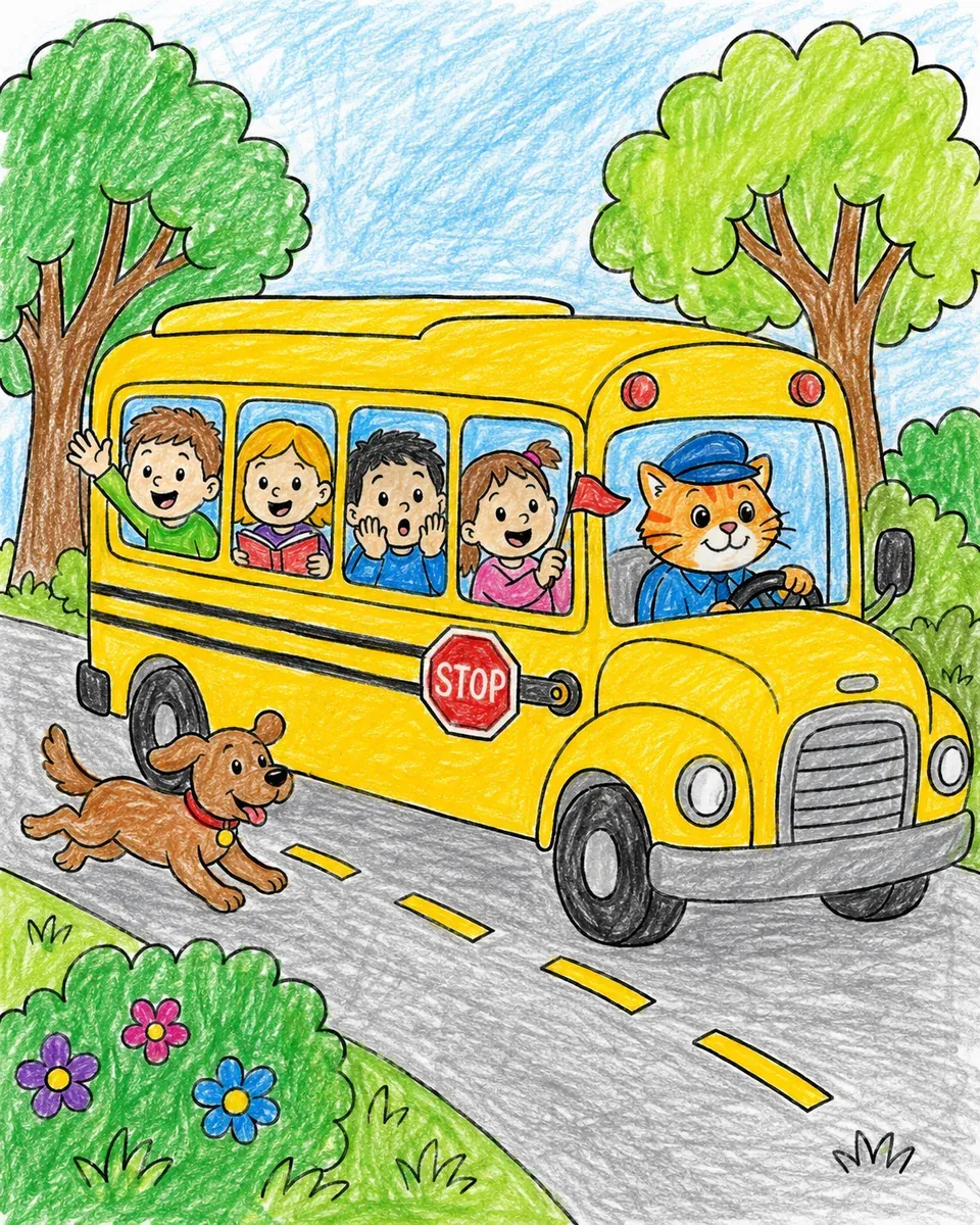 Schulbus mit fröhlichen Kindern