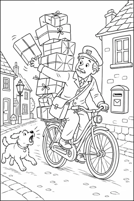 Postman on Bicycle with a Wobbly Tower of Parcels