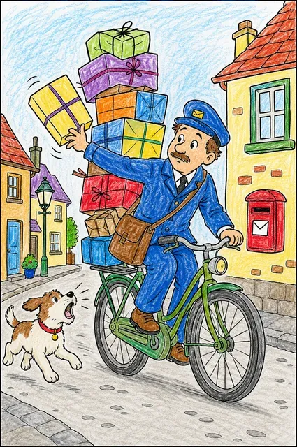 Postbote auf Fahrrad mit wackeligem Paketturm – So könnte es aussehen