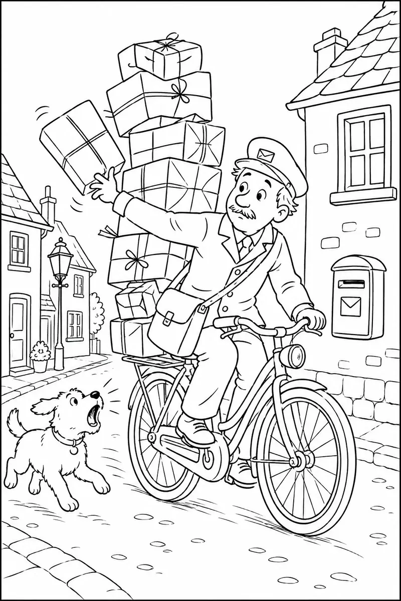 Ausmalbild eines Postboten der auf einem Fahrrad einen wackeligen Paketturm balanciert