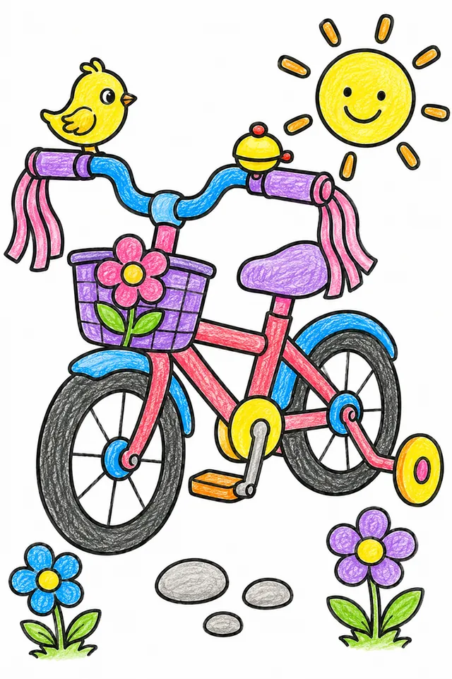 Kleines Kinderfahrrad mit Stützrädern und Blumenkorb