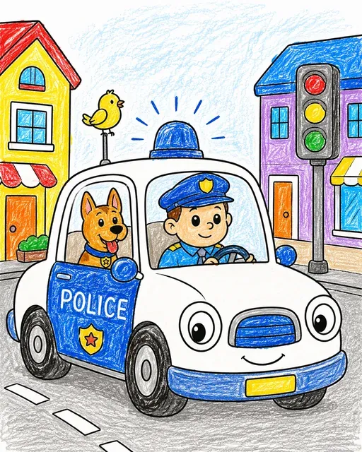 Ausmalbild eines Polizeiautos mit Polizeihund auf Streife in der Stadt