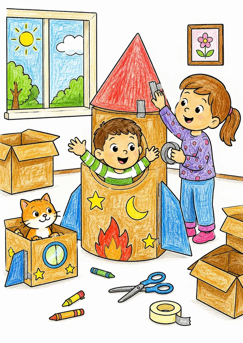 Kinder bauen eine Papp-Rakete