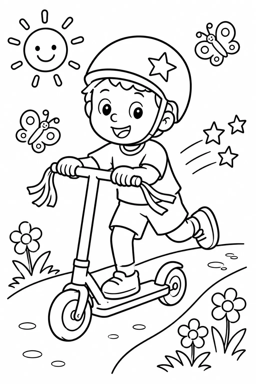 Kleines Kind auf einem bunten Roller mit Helm
