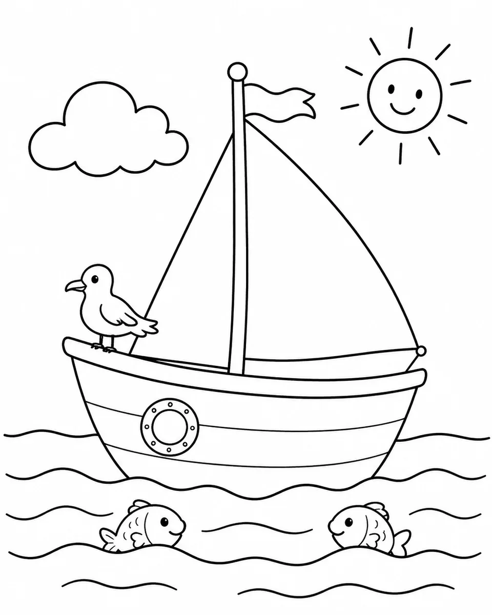 Ausmalbild eines kleinen Segelbootes auf ruhiger See mit Möwe