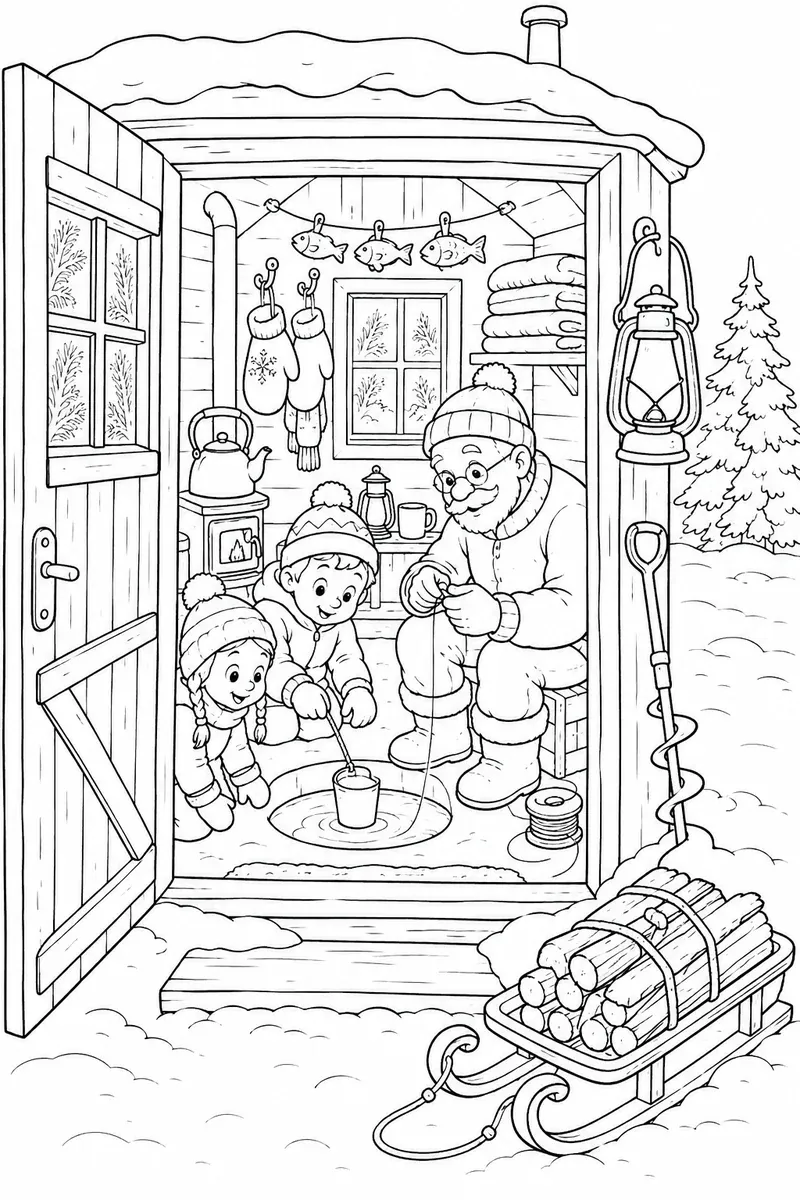 Ausmalbild einer Familie in einer Eisfischerhütte durch die Tür gesehen