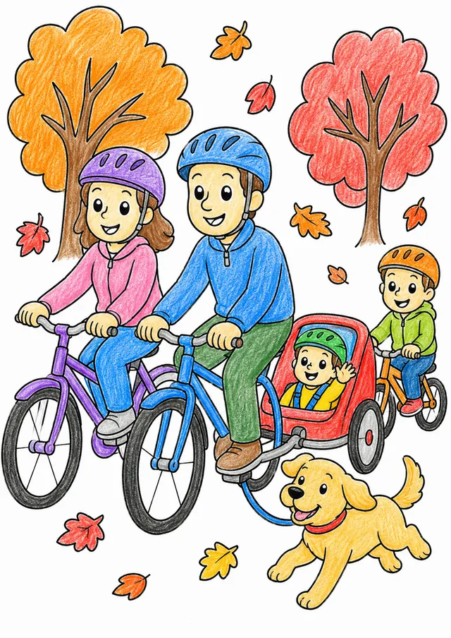 Familie fährt Fahrradtour im Herbstpark, kleinste Kind im bunten Anhänger, Hund läuft mit