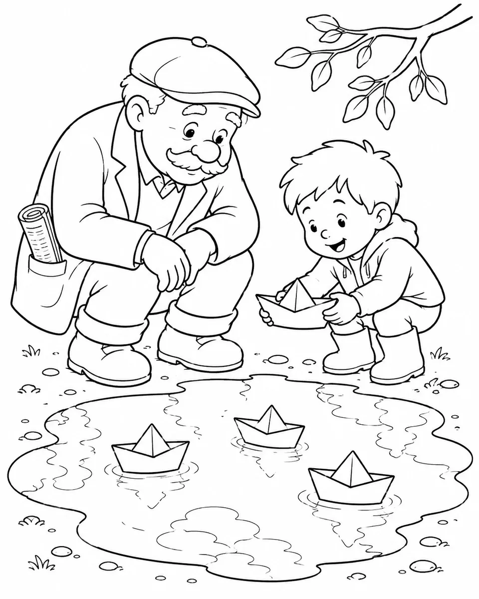 Ausmalbild eines Großvaters und einer Enkelin mit Papierschiffen an einer Pfütze