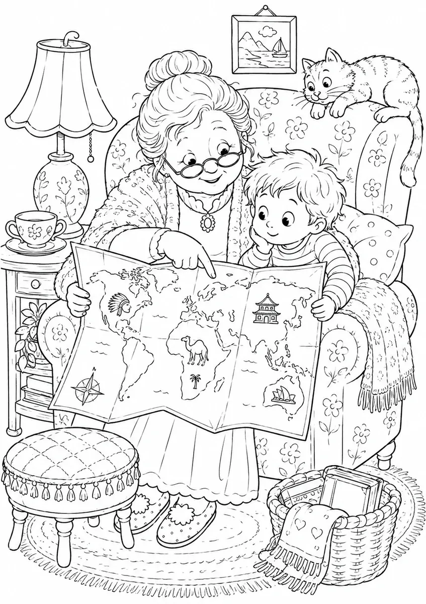 奶奶和孩子在扶手椅上看地图的涂色画