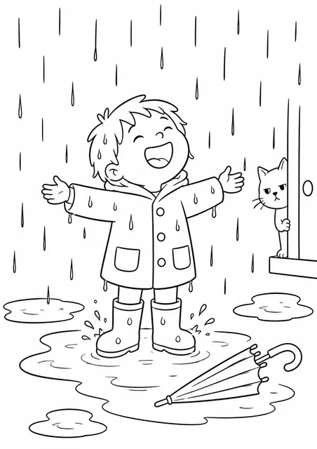 Kind tanzt allein im Regen