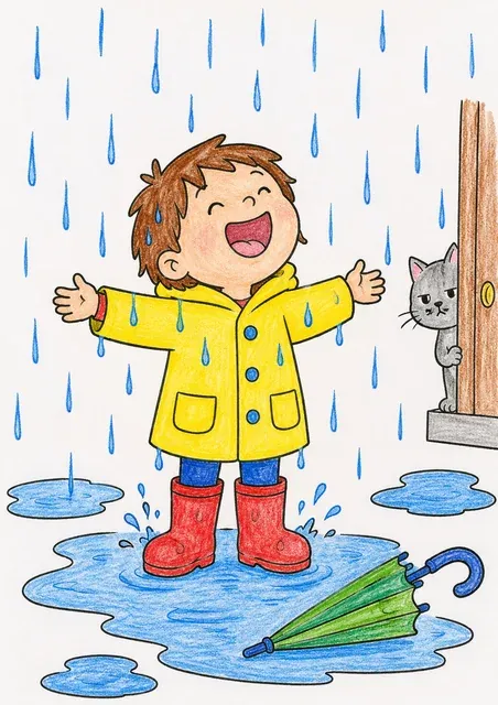 Ausmalbild eines Kindes, das fröhlich im Regen tanzt, mit weggeworfenem Schirm